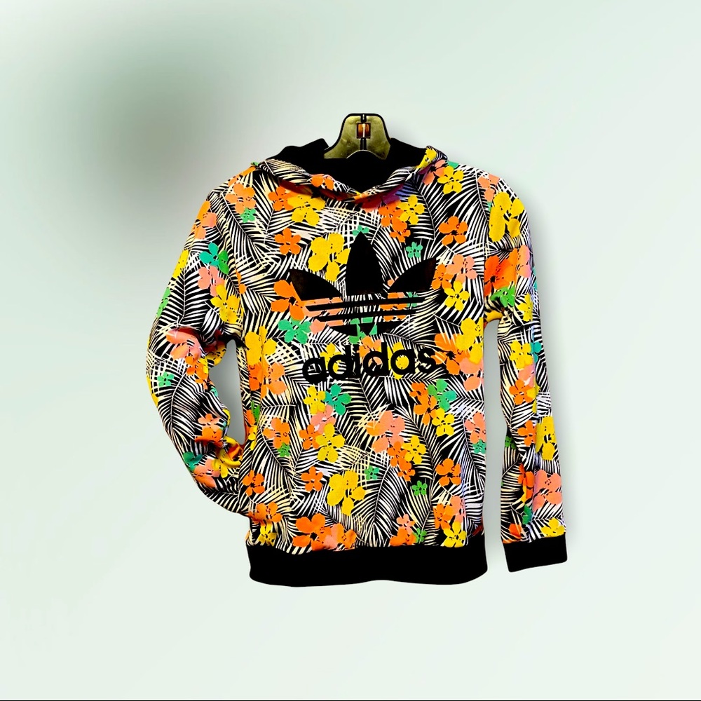Adidas girl floral print hoodie size M with pockets
